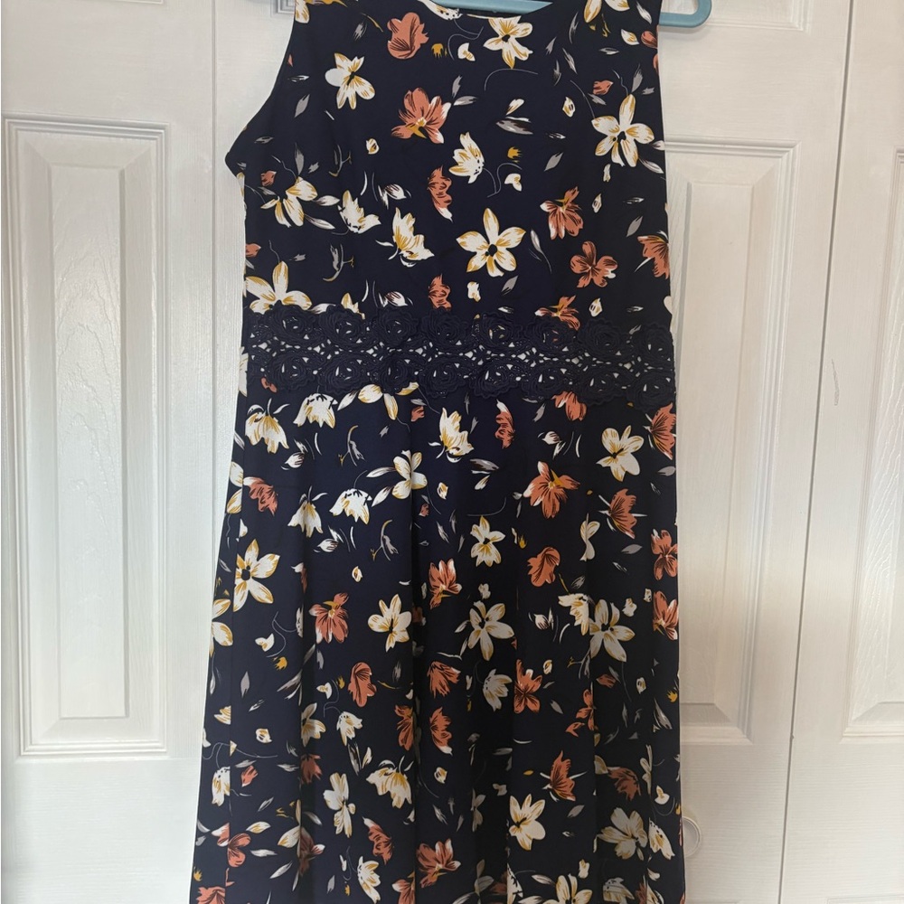 Elegant Floral Midi Dress - Navy and Orange
